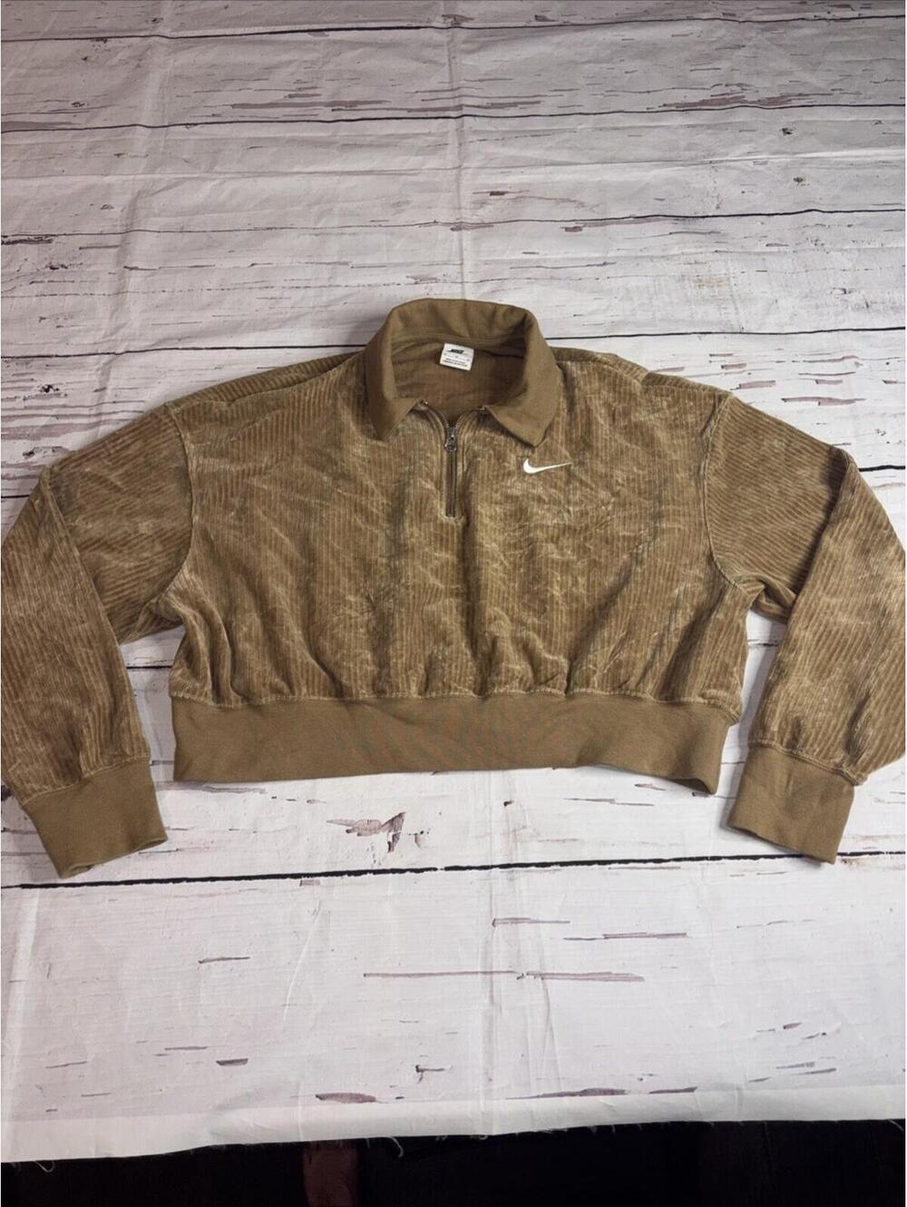 Nike Velour Cropped Top Women's M Brown Tan 1/4 Zip Ribbed Sweatshirt (B5)